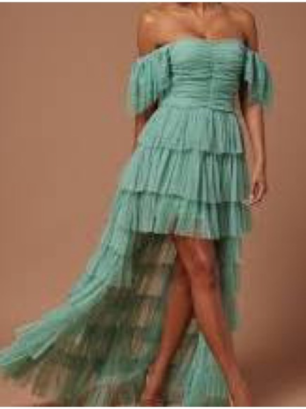 Fashion Nova Mint Off-Shoulder Tiered High-Low Dress